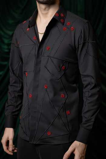 Hilo Design_Black Zyra And Thread Embroidered Shirt _at_Aza_Fashions