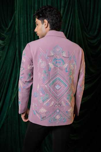 Shop_Hilo Design_Purple Foliage Embroidered Shirt _at_Aza_Fashions