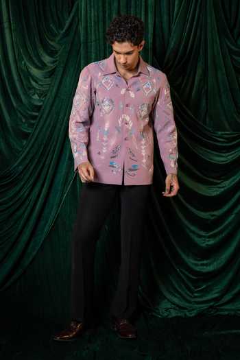 Shop_Hilo Design_Purple Foliage Embroidered Shirt _Online_at_Aza_Fashions