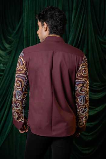 Shop_Hilo Design_Burgundy Vortex Embroidered Shirt _at_Aza_Fashions