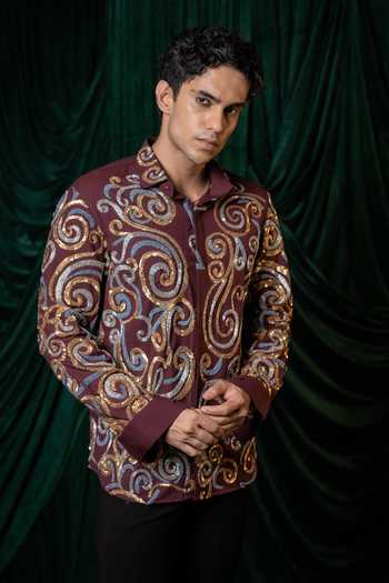 Buy_Hilo Design_Burgundy Vortex Embroidered Shirt _at_Aza_Fashions