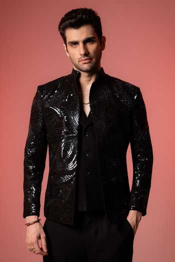 Shop_Hilo Design_Black Glitz Sequin Embroidered Blazer Set _Online_at_Aza_Fashions