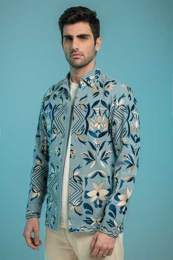 Buy_Hilo Design_Blue Fresco Thread Embroidered Shacket _Online_at_Aza_Fashions