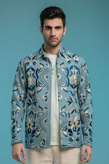 Buy_Hilo Design_Blue Fresco Thread Embroidered Shacket _at_Aza_Fashions