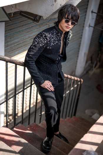 Buy_Hilo Design_Black Fabric Stardust Embroidered Bling Blazer _at_Aza_Fashions
