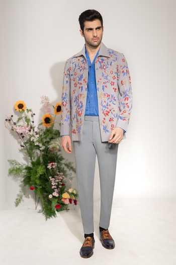Hilo Design_Grey Fleur Embroidered Shacket _Online_at_Aza_Fashions