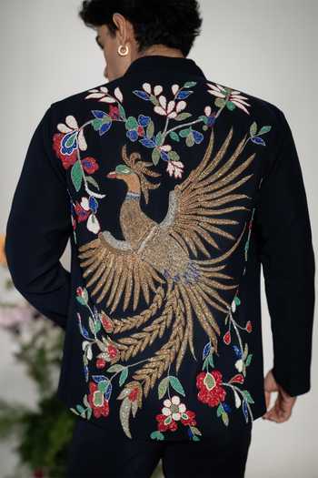 Hilo Design_Blue Phoenix Navy Embroidered Shacket _at_Aza_Fashions