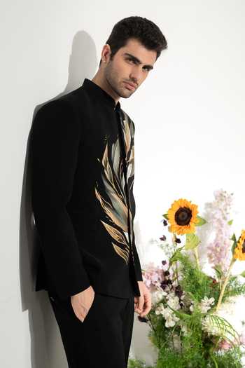 Buy_Hilo Design_Black Brushline Painted Bandhgala _Online_at_Aza_Fashions