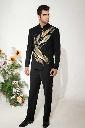 Shop_Hilo Design_Black Brushline Painted Bandhgala _Online_at_Aza_Fashions