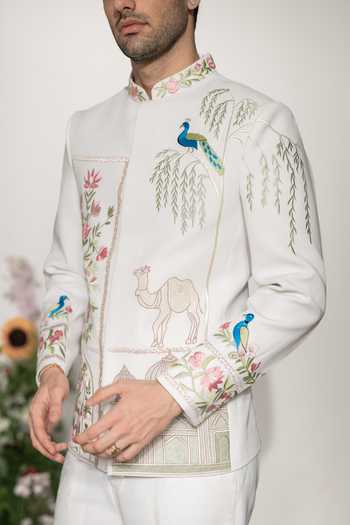 Buy_Hilo Design_Off White Embroidery Shehnaz Thread Bandhgala _Online_at_Aza_Fashions