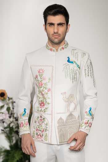 Buy_Hilo Design_Off White Embroidery Shehnaz Thread Bandhgala _at_Aza_Fashions