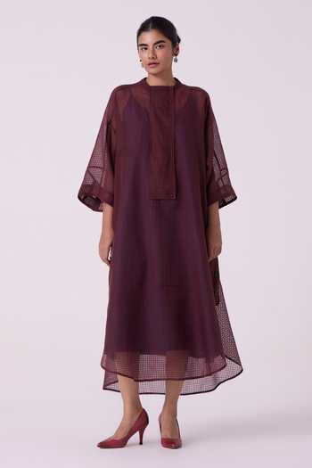 Buy_The Summer House_Blue Silk, Cotton Mandarin Collar Fosco Checkered Handwoven Dress _at_Aza_Fashions