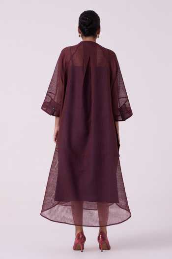 Shop_The Summer House_Blue Silk, Cotton Mandarin Collar Fosco Checkered Handwoven Dress _at_Aza_Fashions