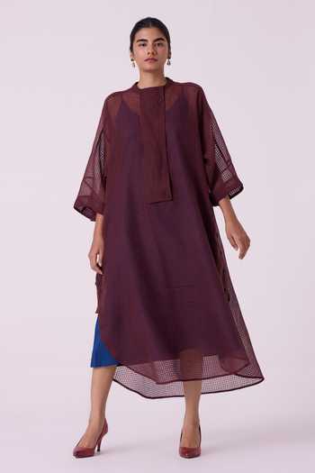 Buy_The Summer House_Blue Silk, Cotton Mandarin Collar Fosco Checkered Handwoven Dress _Online_at_Aza_Fashions
