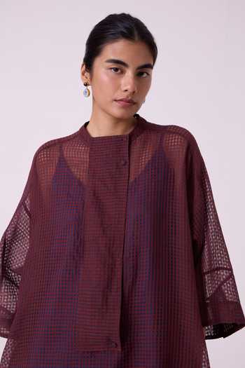 Shop_The Summer House_Blue Silk, Cotton Mandarin Collar Fosco Checkered Handwoven Dress _Online_at_Aza_Fashions