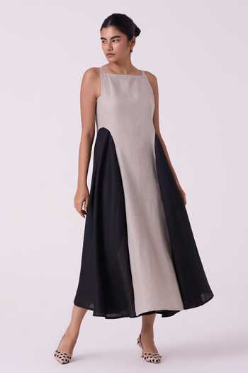 Buy_The Summer House_Black Linen Square Neck Weasley Beige Panelled Midi Dress _at_Aza_Fashions