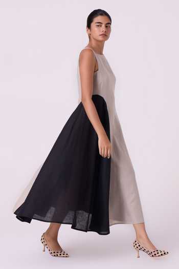 Shop_The Summer House_Black Linen Square Neck Weasley Beige Panelled Midi Dress _Online_at_Aza_Fashions