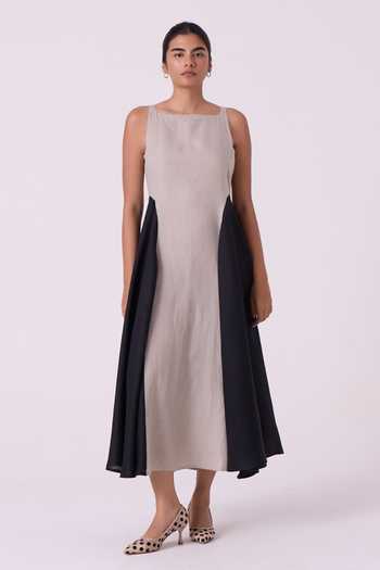 The Summer House_Black Linen Square Neck Weasley Beige Panelled Midi Dress _at_Aza_Fashions