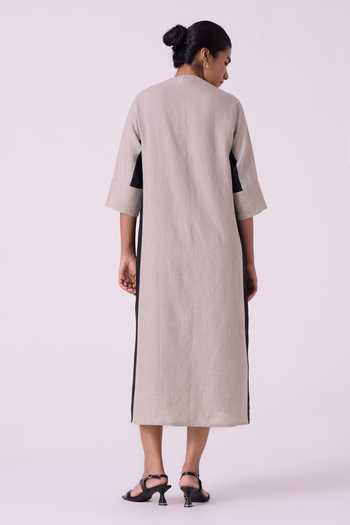 Shop_The Summer House_Beige Linen V-neck Kaku Panelled Midi Dress _at_Aza_Fashions