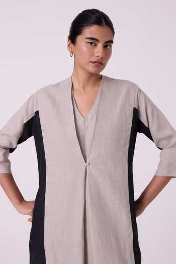 The Summer House_Beige Linen V-neck Kaku Panelled Midi Dress _Online_at_Aza_Fashions