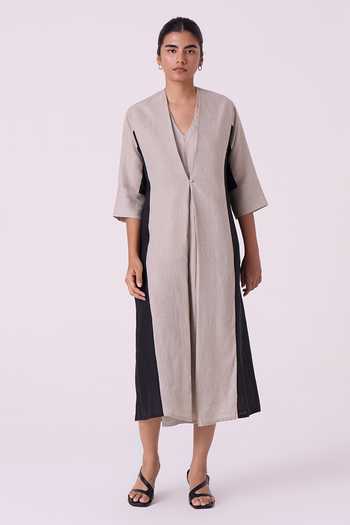 Shop_The Summer House_Beige Linen V-neck Kaku Panelled Midi Dress _Online_at_Aza_Fashions