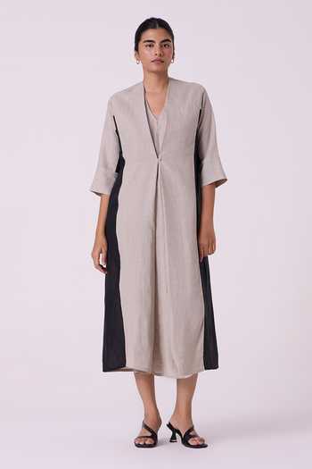 Buy_The Summer House_Beige Linen V-neck Kaku Panelled Midi Dress 