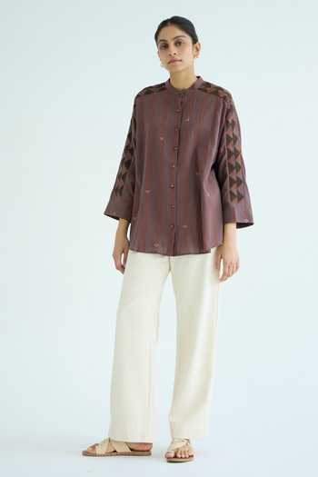 Buy_The Summer House_Brown Cotton Mandarin Collar Amer Handwoven Embroidered Top _at_Aza_Fashions