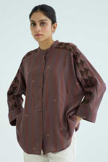 Shop_The Summer House_Brown Cotton Mandarin Collar Amer Handwoven Embroidered Top _Online_at_Aza_Fashions