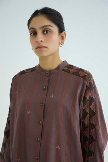 The Summer House_Brown Cotton Mandarin Collar Amer Handwoven Embroidered Top _at_Aza_Fashions