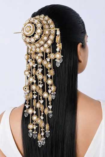 Buy_Vaidaan_White Beads, Pearls, Mirrors Darsana Bun And Stick Set _at_Aza_Fashions