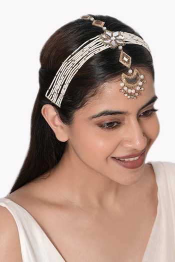 Shop_Vaidaan_White Beads, Pearls, Mirrors Tvesa Multi Strand Maathapatti _at_Aza_Fashions
