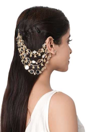 Shop_Vaidaan_Gold Plated Panah Handcrafted Mirror Ear Chain _at_Aza_Fashions