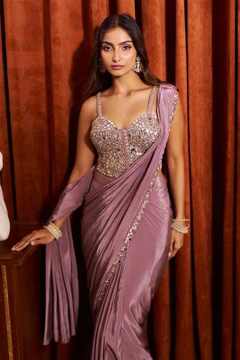 Buy_Samyukta Singhania_Pink Silk, Crepe Sweetheart Neck Pre-draped Saree With Mirror Work Blouse _at_Aza_Fashions
