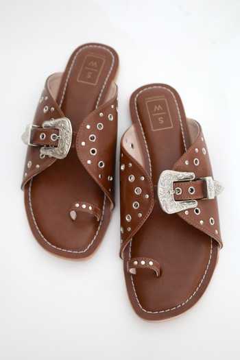 Shop_Sandalwali_Brown Nadia Eyelet Embellished Sandals _at_Aza_Fashions