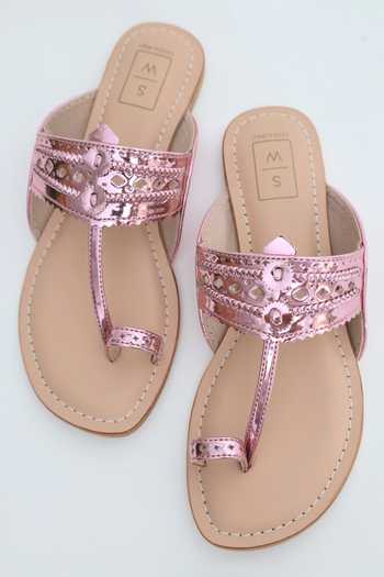 Shop_Sandalwali_Pink Roxanne Glitzy Soft Kolhapuri Sandals _at_Aza_Fashions