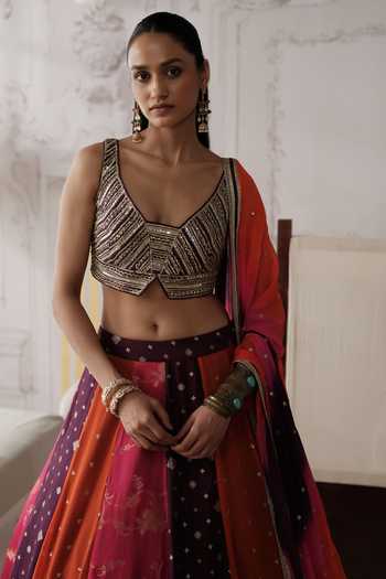 Buy_Basanti Kapde Aur Koffee_Gold Silk, Georgette Scoop Neck Gulnaar Royale Embroidered Lehenga Set _Online_at_Aza_Fashions