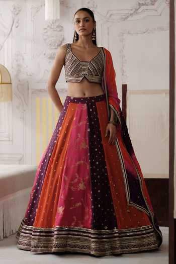 Buy_Basanti Kapde Aur Koffee_Gold Silk, Georgette Scoop Neck Gulnaar Royale Embroidered Lehenga Set 