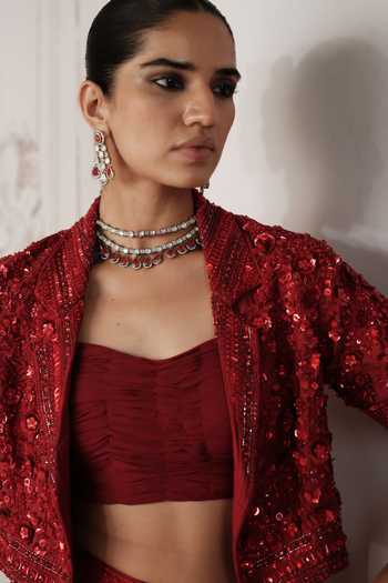 Basanti Kapde Aur Koffee_Red Net Square , Open Crimson Revierie Embroidered Jacket Lehenga Set _Online_at_Aza_Fashions