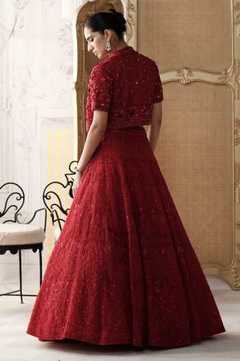 Shop_Basanti Kapde Aur Koffee_Red Net Square , Open Crimson Revierie Embroidered Jacket Lehenga Set _at_Aza_Fashions