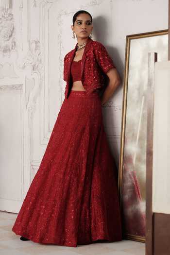 Buy_Basanti Kapde Aur Koffee_Red Net Square , Open Crimson Revierie Embroidered Jacket Lehenga Set _Online_at_Aza_Fashions