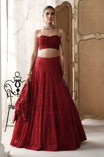Shop_Basanti Kapde Aur Koffee_Red Net Square , Open Crimson Revierie Embroidered Jacket Lehenga Set _Online_at_Aza_Fashions
