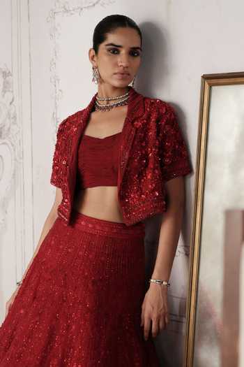 Basanti Kapde Aur Koffee_Red Net Square , Open Crimson Revierie Embroidered Jacket Lehenga Set _at_Aza_Fashions