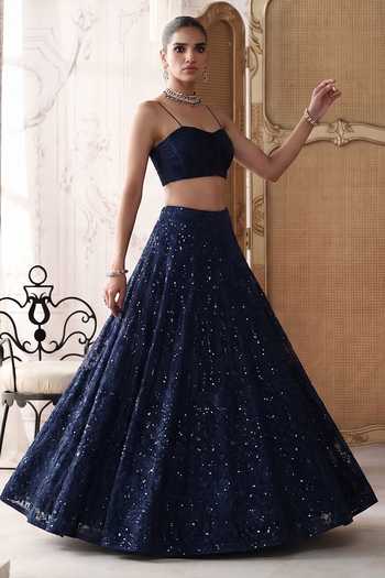 Shop_Basanti Kapde Aur Koffee_Blue Net Square Neck Midnight Revierie Embroidered Jacket Lehenga Set _Online_at_Aza_Fashions