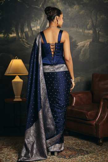 Shop_Saanjh By Lea_Blue Silk Zari Sweetheart Neck Mashru Banarasi Corset And Saree Set _at_Aza_Fashions