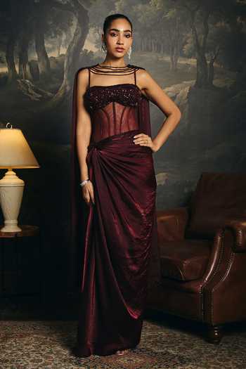 Buy_Saanjh By Lea_Burgundy Organza, Satin Sequins, Beads Bandeau Neck Alisha Corset Saree Gown _at_Aza_Fashions