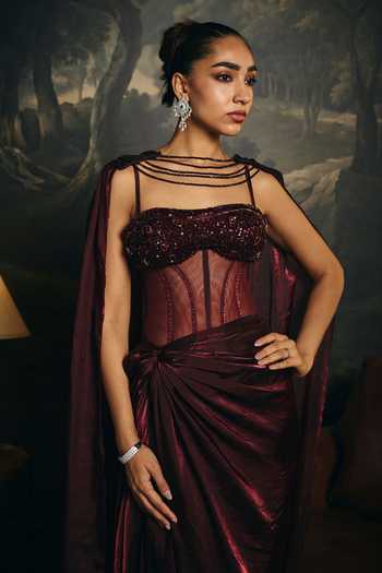 Shop_Saanjh By Lea_Burgundy Organza, Satin Sequins, Beads Bandeau Neck Alisha Corset Saree Gown _Online_at_Aza_Fashions