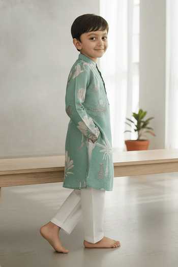 Funny Bones Clothings_Green Silk Adventure Print Pure Kurta Set _Online_at_Aza_Fashions