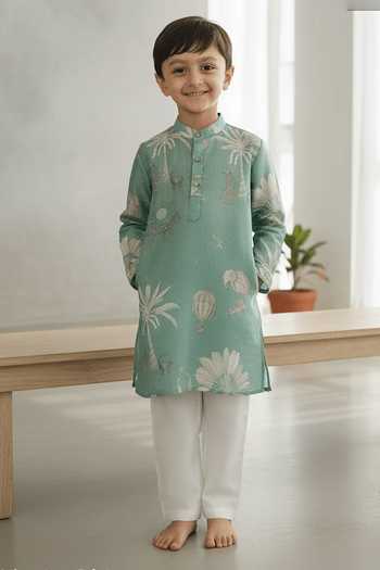 Buy_Funny Bones Clothings_Green Silk Adventure Print Pure Kurta Set _at_Aza_Fashions