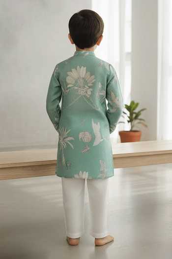 Shop_Funny Bones Clothings_Green Silk Adventure Print Pure Kurta Set _at_Aza_Fashions