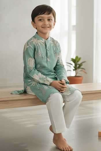 Buy_Funny Bones Clothings_Green Silk Adventure Print Pure Kurta Set _Online_at_Aza_Fashions